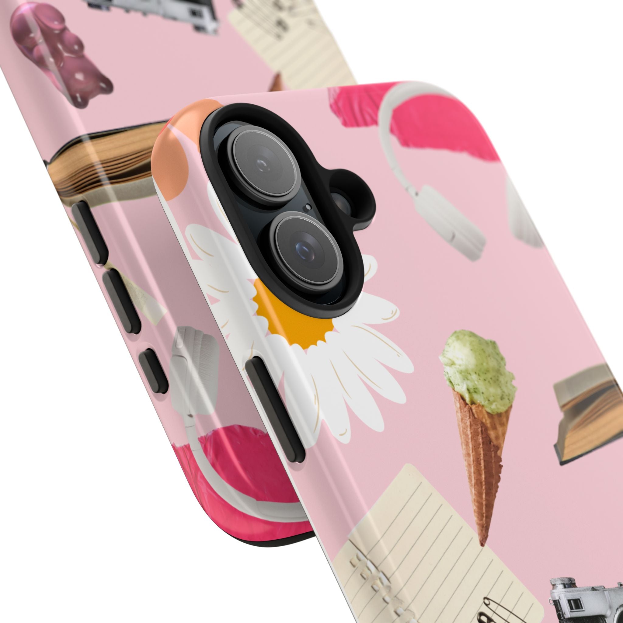 Pastel Collage Tough Phone Case – Cute Floral, Camera & Snacks Pattern