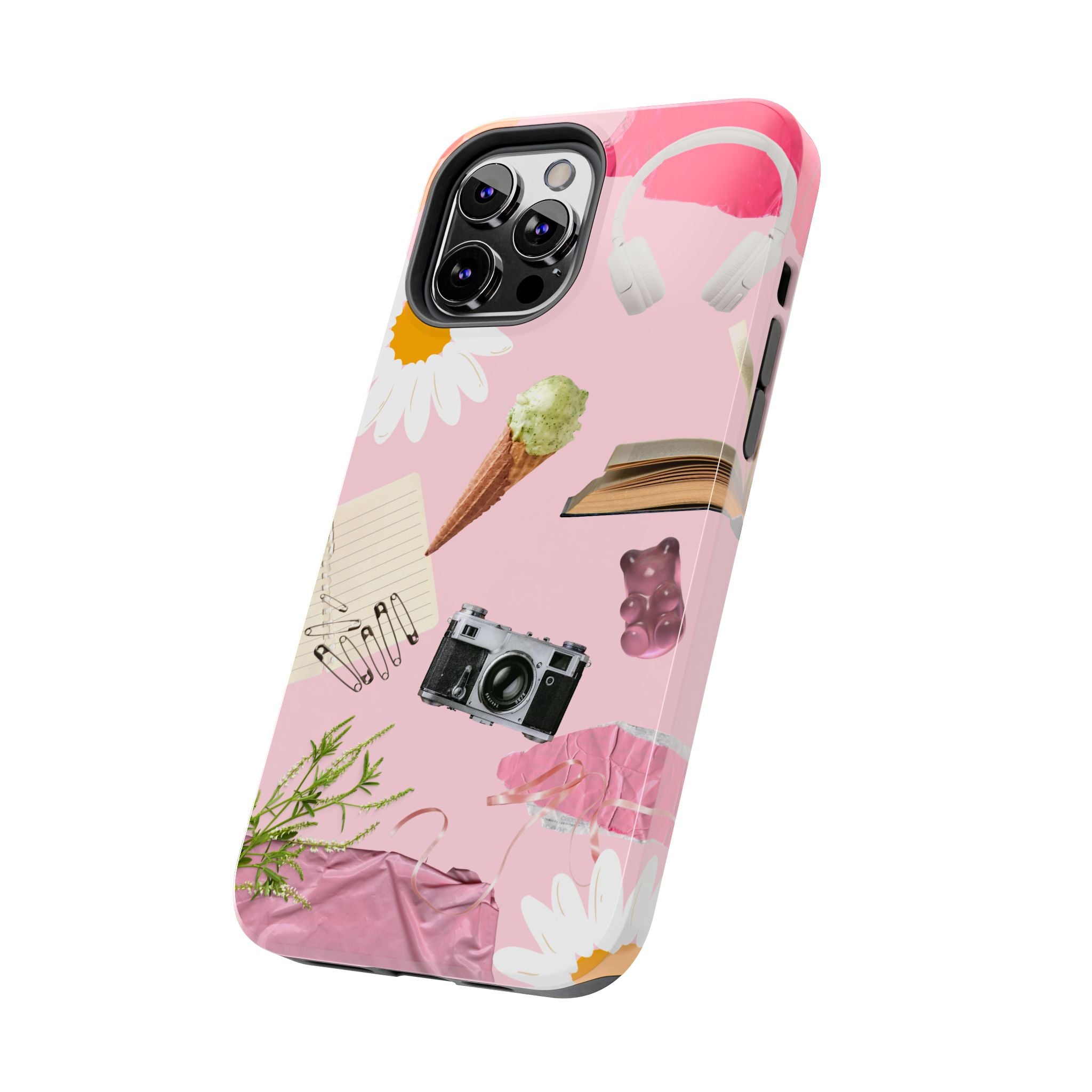 Pastel Collage Tough Phone Case – Cute Floral, Camera & Snacks Pattern