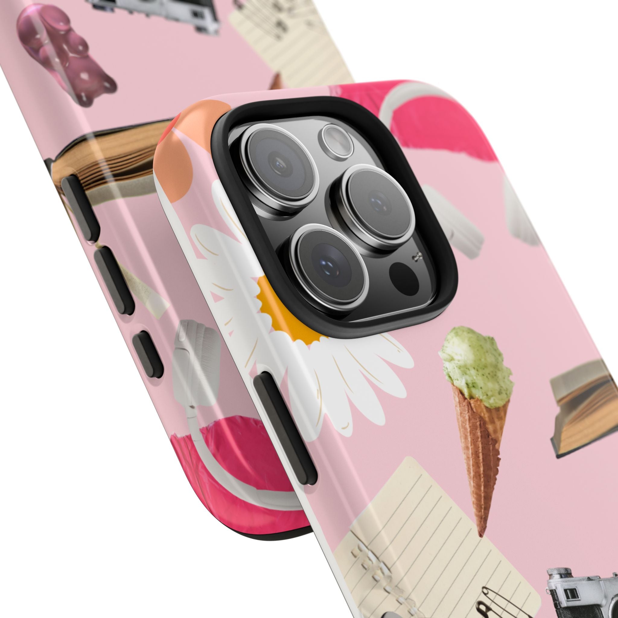 Pastel Collage Tough Phone Case – Cute Floral, Camera & Snacks Pattern