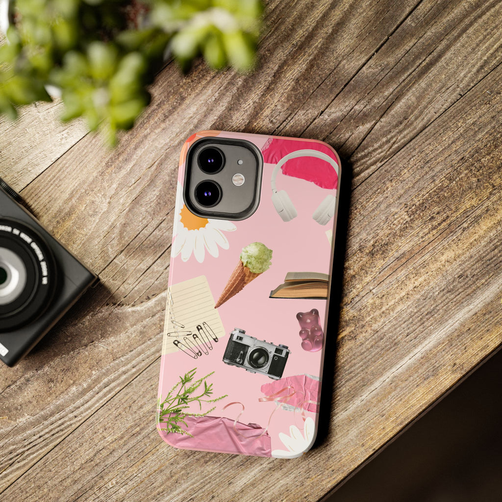 Pastel Collage Tough Phone Case – Cute Floral, Camera & Snacks Pattern