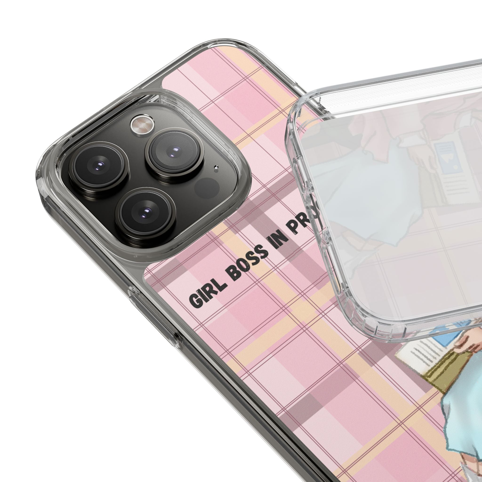 Girl Boss in Progress Clear Phone Case – Pink Plaid Feminine iPhone Cover