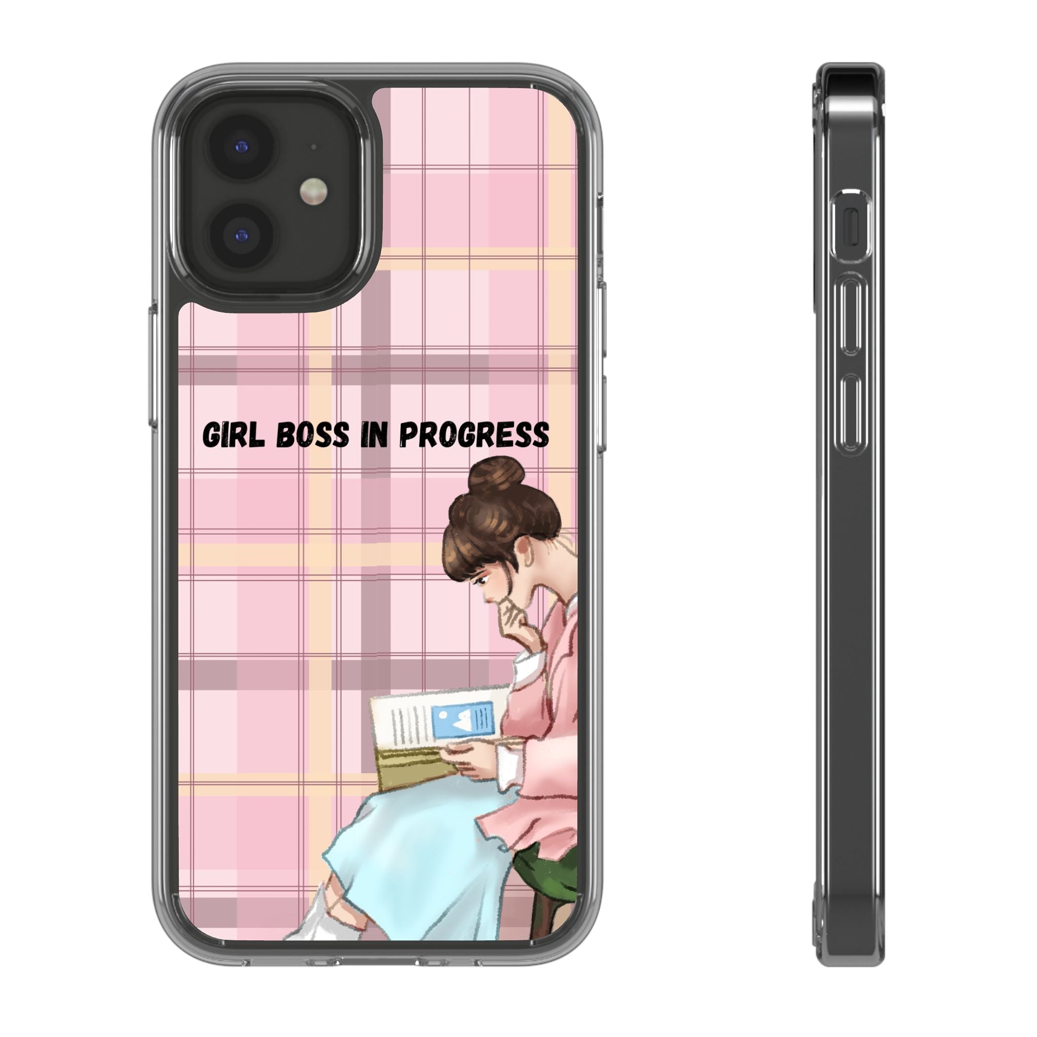Girl Boss in Progress Clear Phone Case – Pink Plaid Feminine iPhone Cover