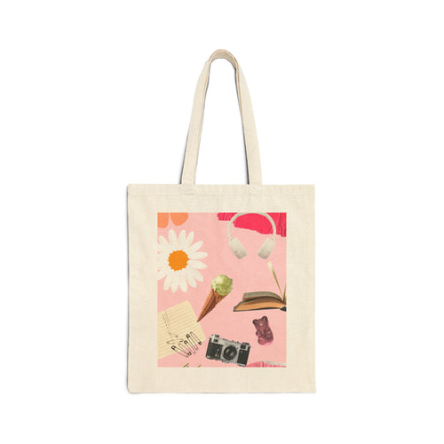 Canvas Tote Bag — Pink Aesthetic Collage: Daisy, Camera, Headphones & Book