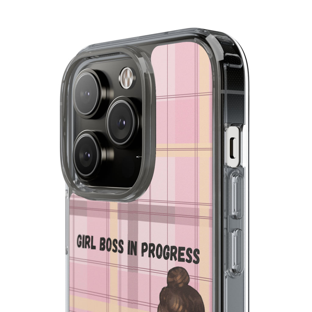 Girl Boss in Progress Clear Phone Case – Pink Plaid Feminine iPhone Cover