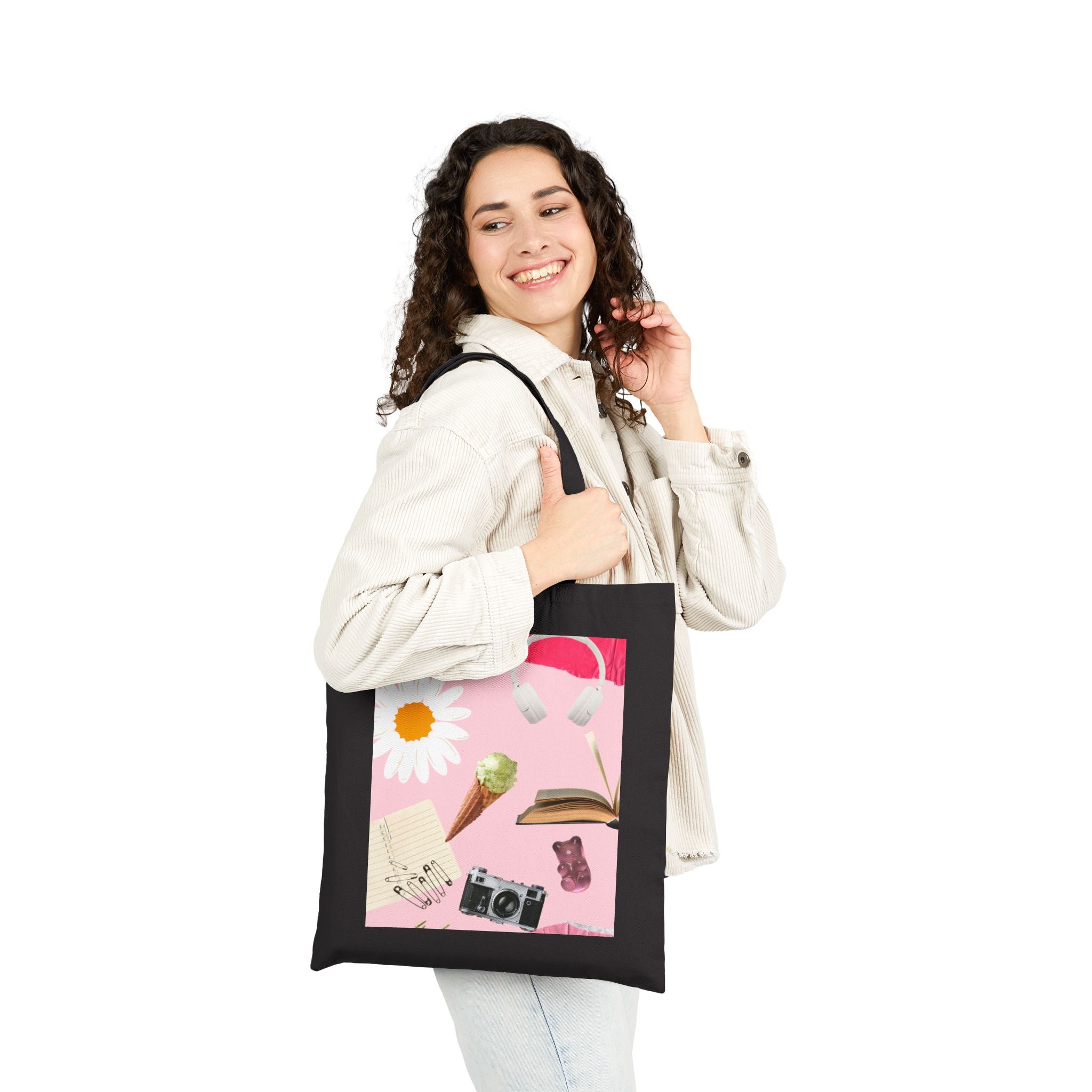 Canvas Tote Bag — Pink Aesthetic Collage: Daisy, Camera, Headphones & Book