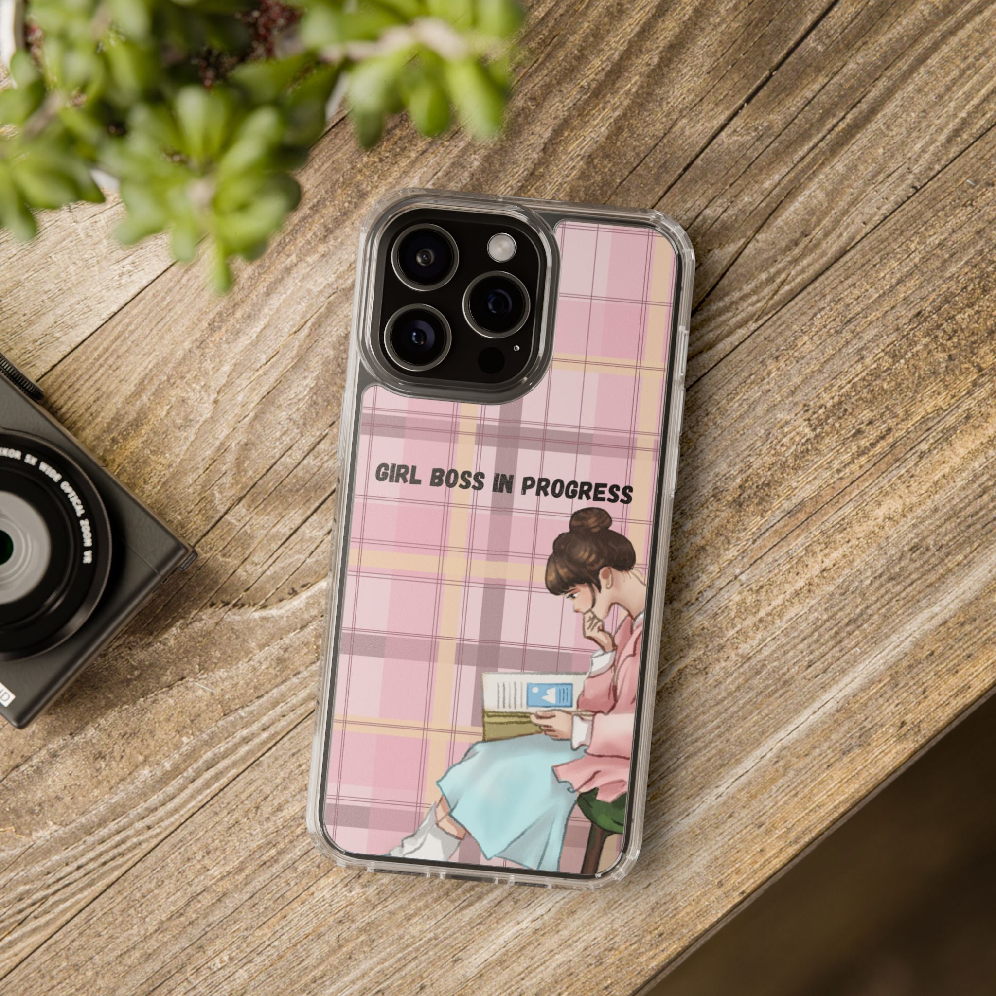 Girl Boss in Progress Clear Phone Case – Pink Plaid Feminine iPhone Cover