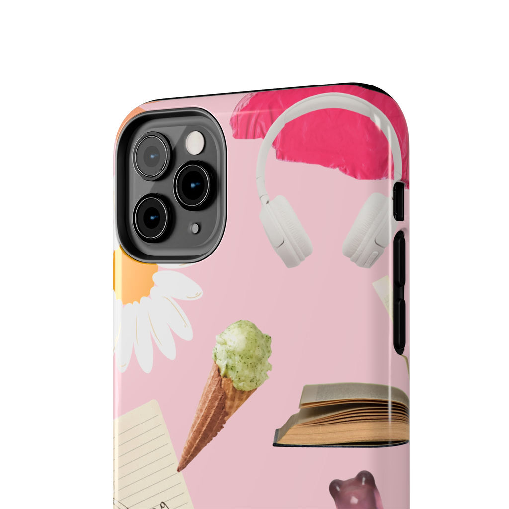 Pastel Collage Tough Phone Case – Cute Floral, Camera & Snacks Pattern