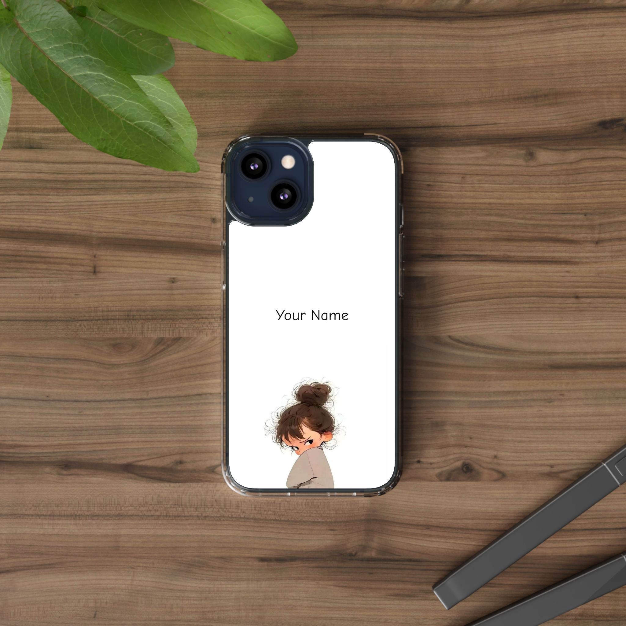 Personalized Clear Phone Case — Cute Girl Illustration with Custom Name