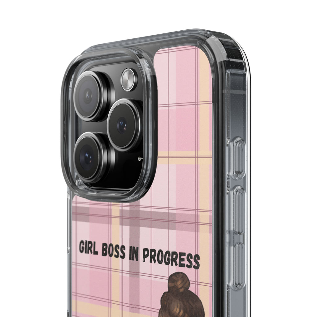 Girl Boss in Progress Clear Phone Case – Pink Plaid Feminine iPhone Cover