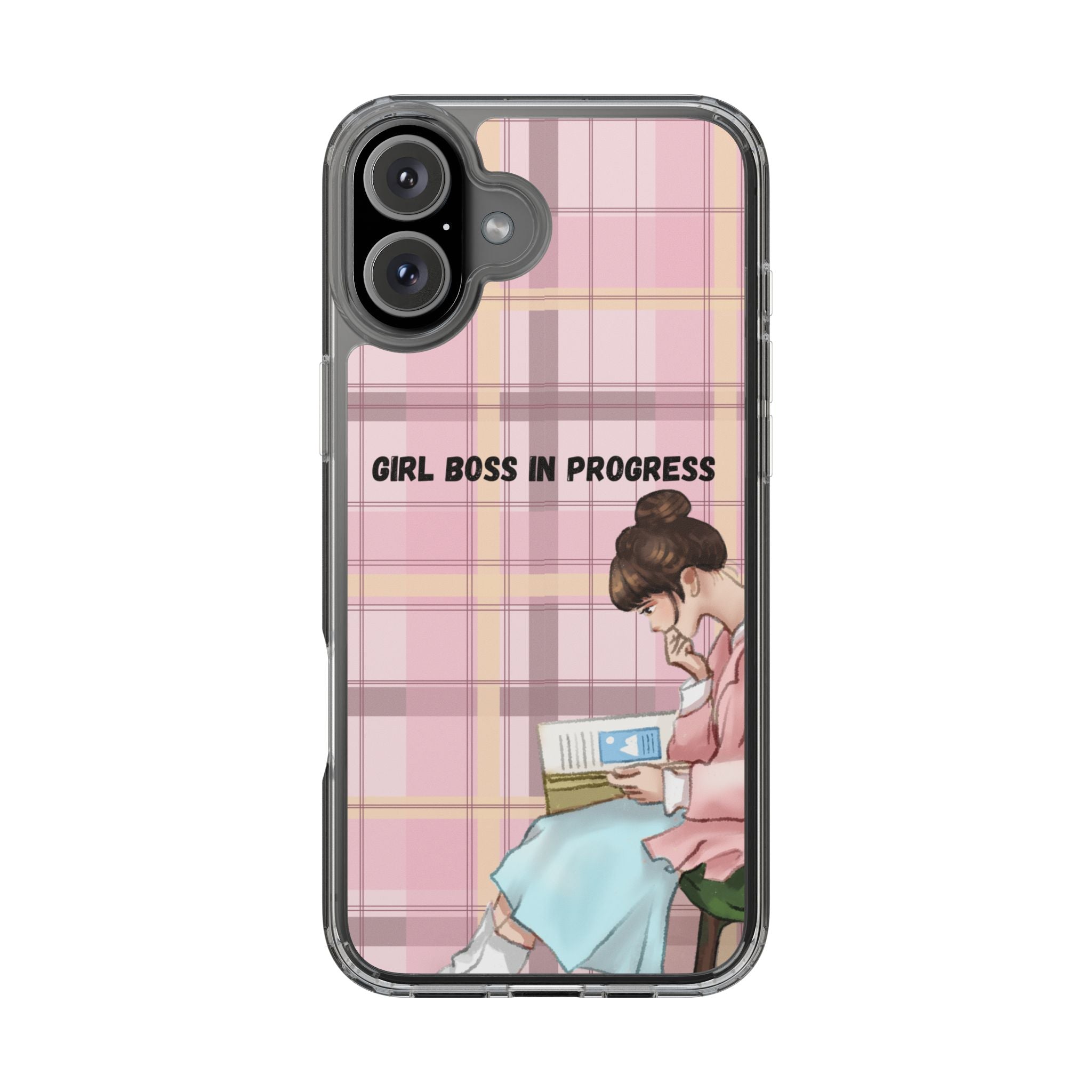 Girl Boss in Progress Clear Phone Case – Pink Plaid Feminine iPhone Cover