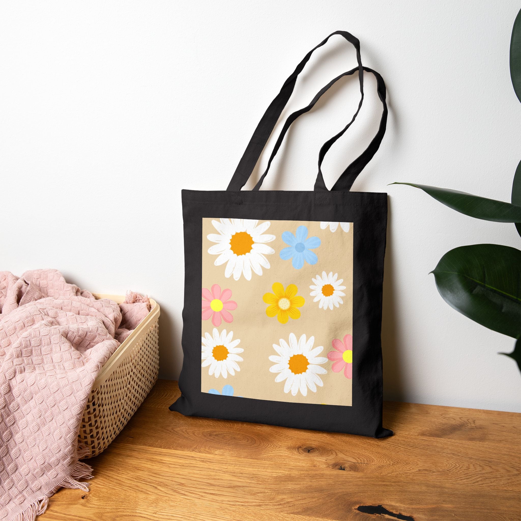 Floral Daisy Canvas Tote Bag — Retro Colorful Flower Market Bag