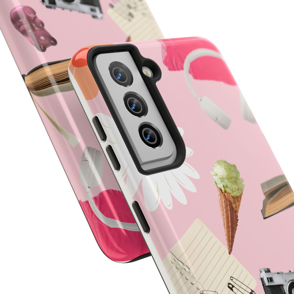 Pastel Collage Tough Phone Case – Cute Floral, Camera & Snacks Pattern