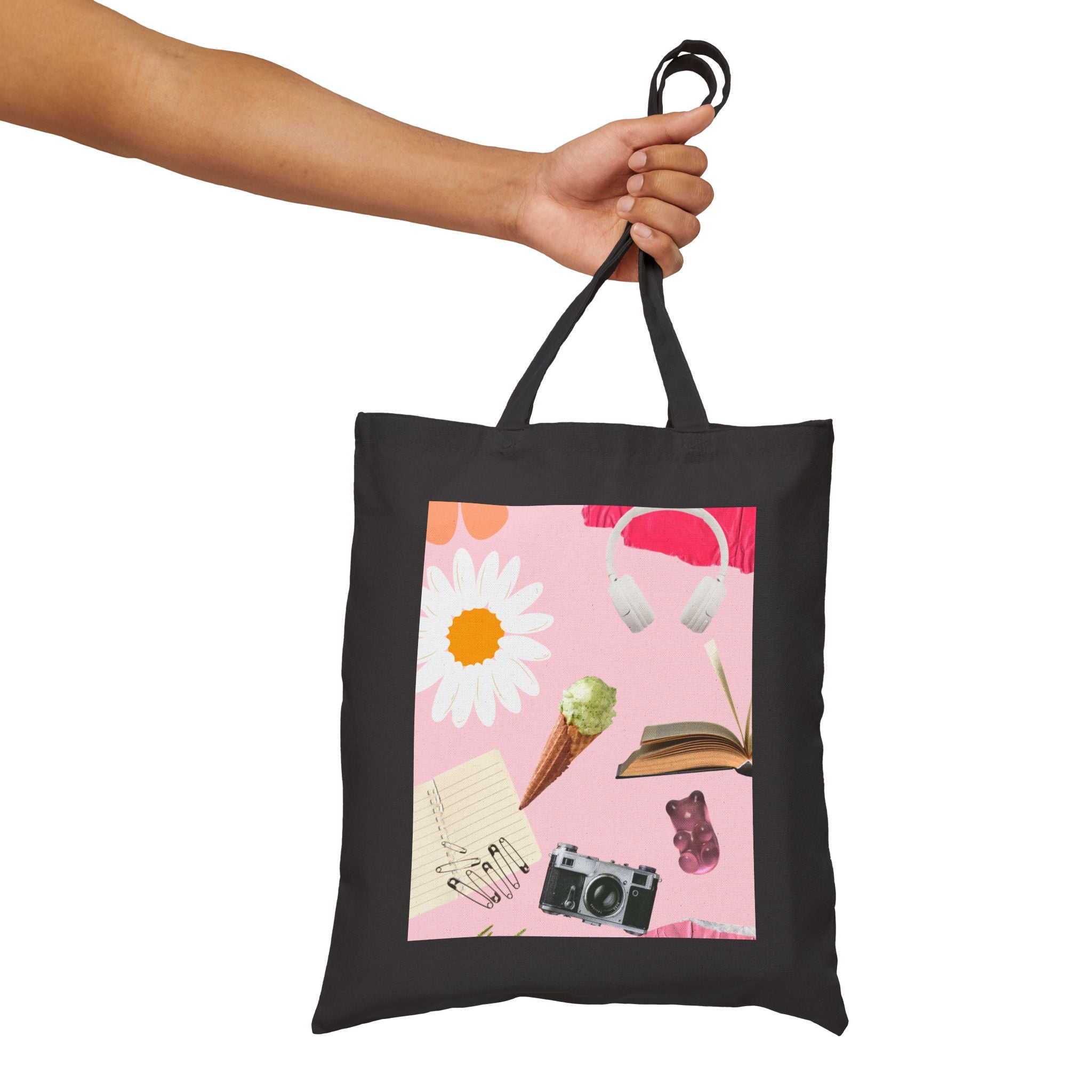 Canvas Tote Bag — Pink Aesthetic Collage: Daisy, Camera, Headphones & Book