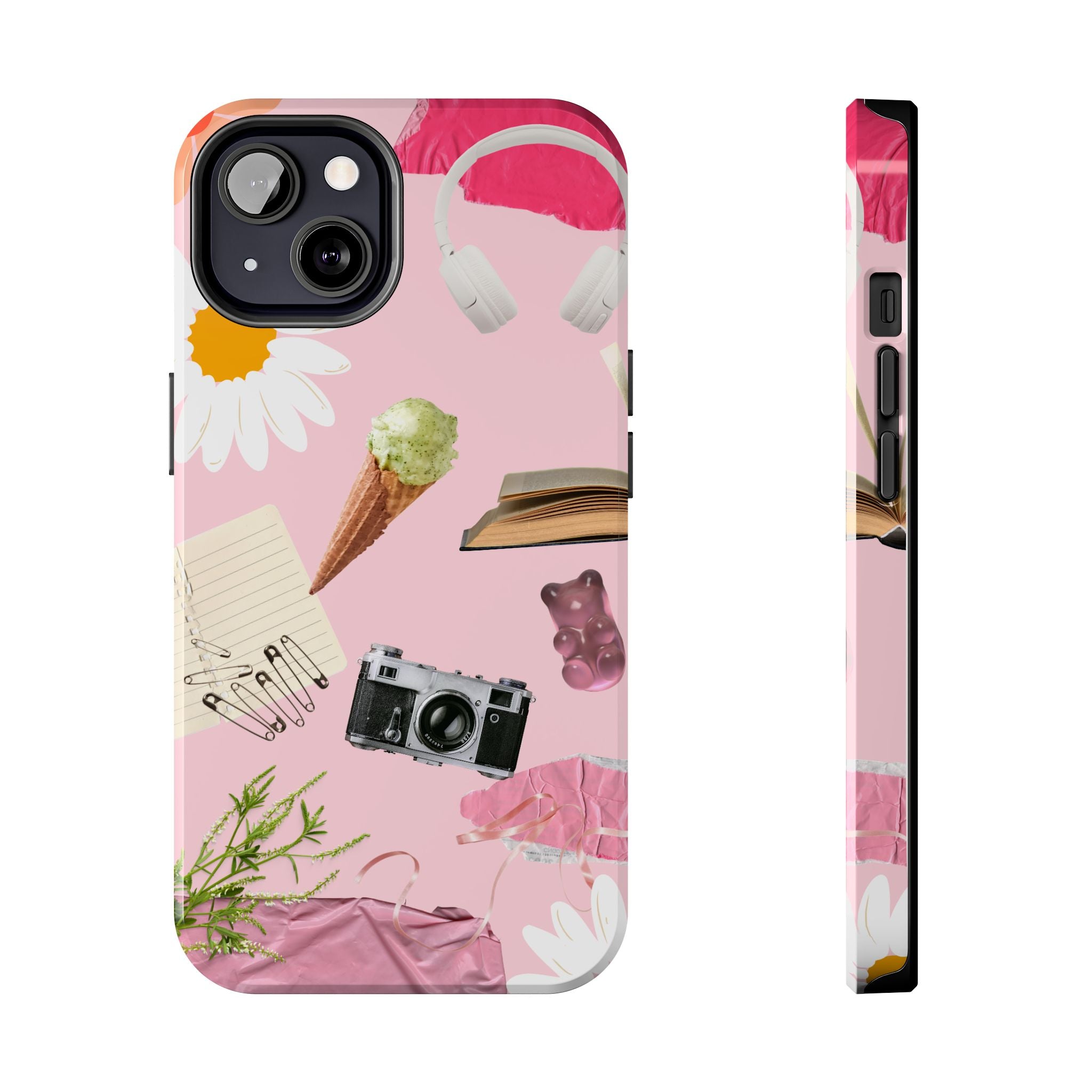 Pastel Collage Tough Phone Case – Cute Floral, Camera & Snacks Pattern