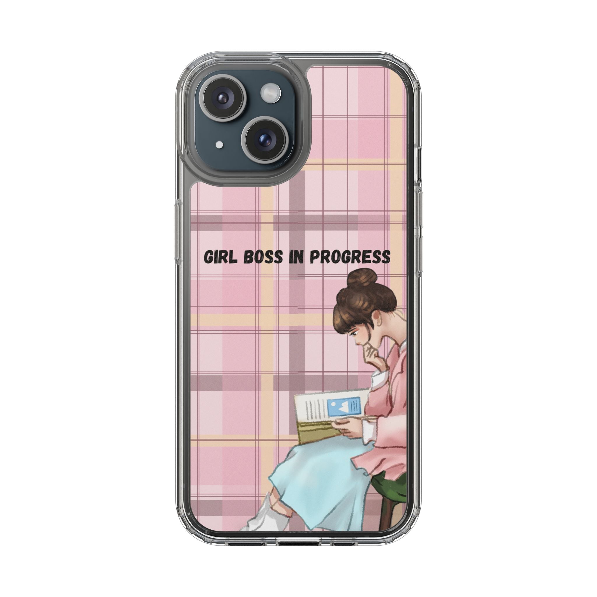 Girl Boss in Progress Clear Phone Case – Pink Plaid Feminine iPhone Cover