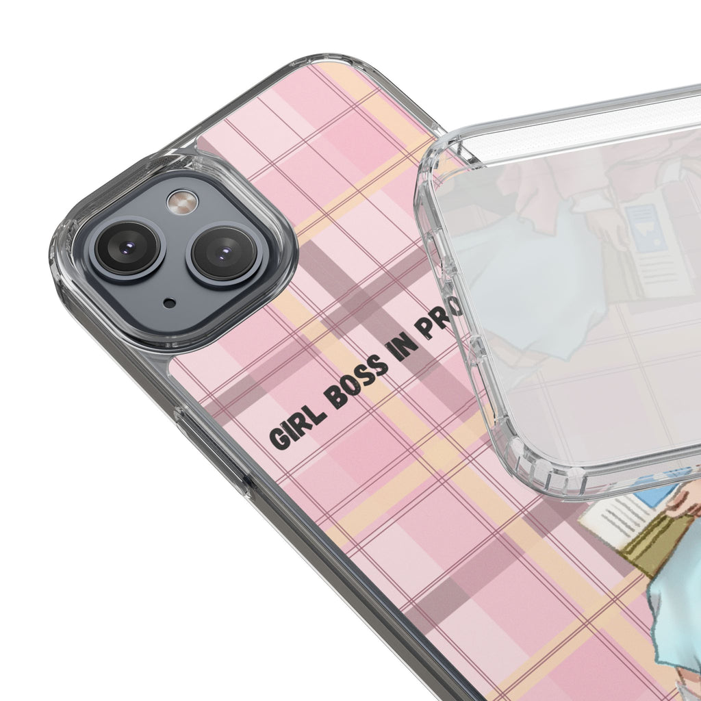 Girl Boss in Progress Clear Phone Case – Pink Plaid Feminine iPhone Cover