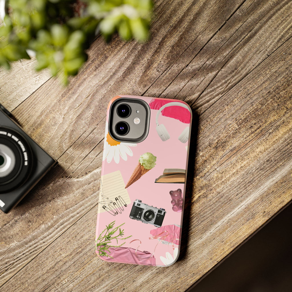 Pastel Collage Tough Phone Case – Cute Floral, Camera & Snacks Pattern