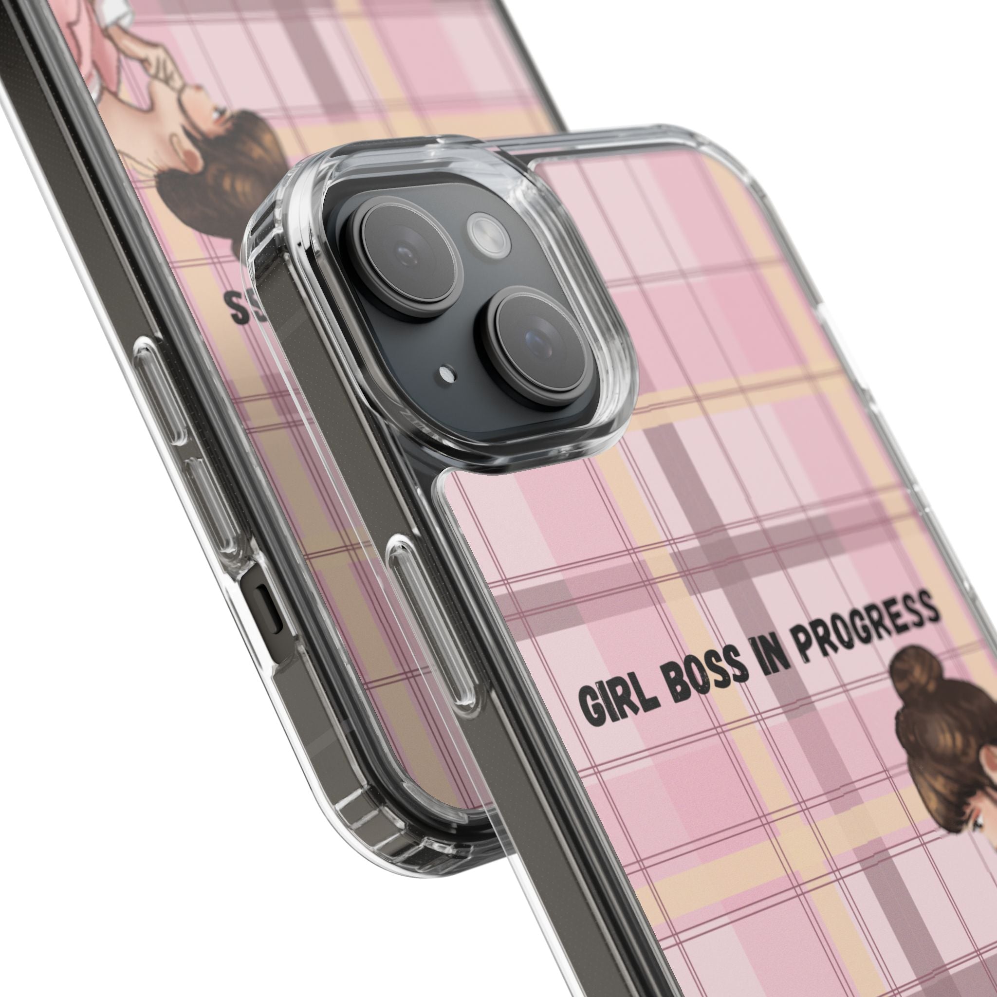 Girl Boss in Progress Clear Phone Case – Pink Plaid Feminine iPhone Cover
