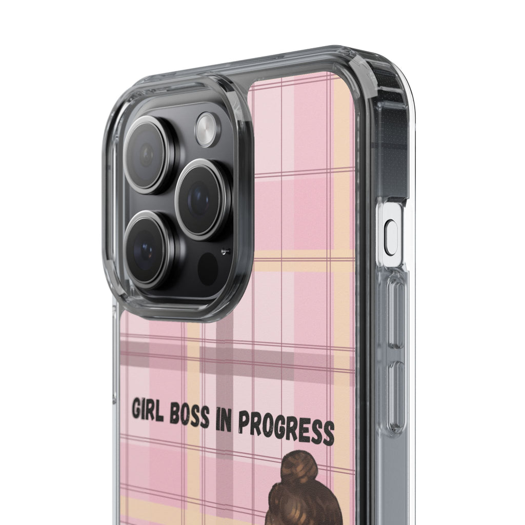 Girl Boss in Progress Clear Phone Case – Pink Plaid Feminine iPhone Cover