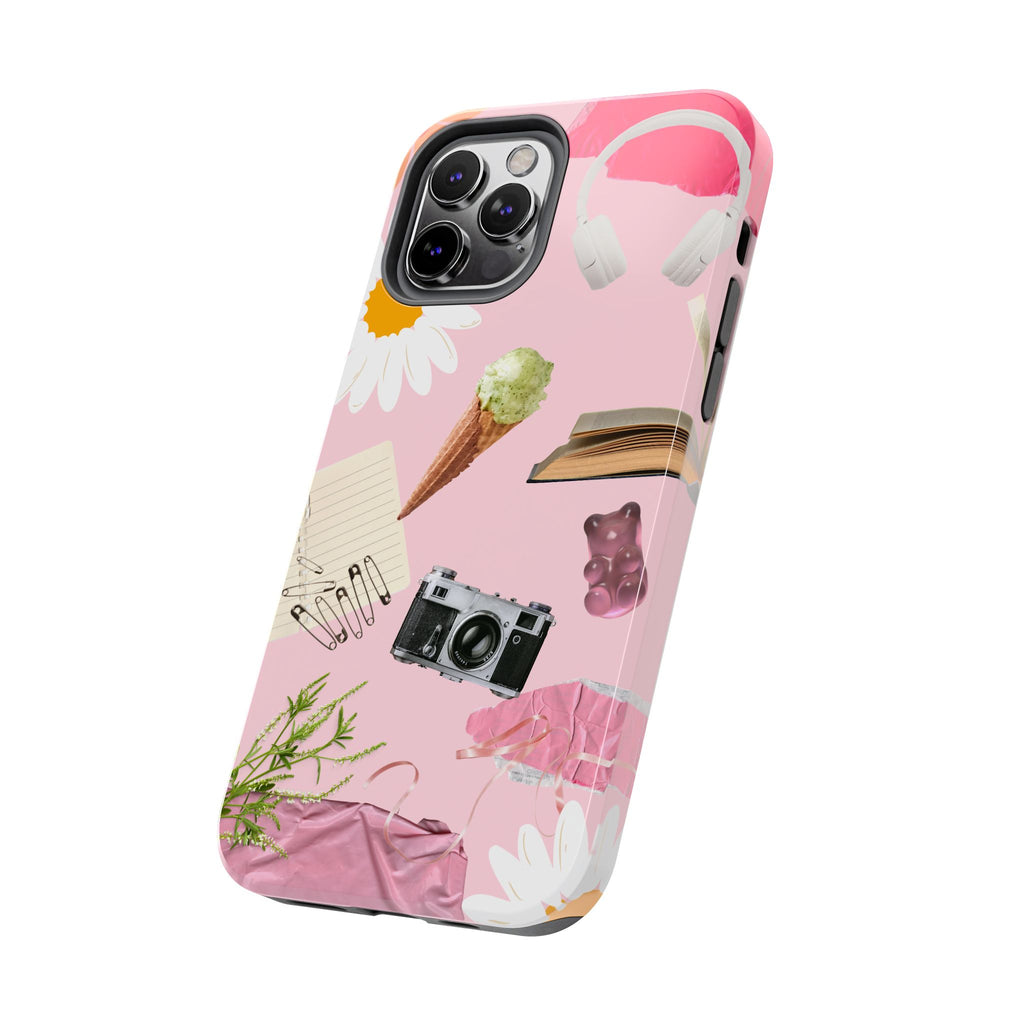 Pastel Collage Tough Phone Case – Cute Floral, Camera & Snacks Pattern