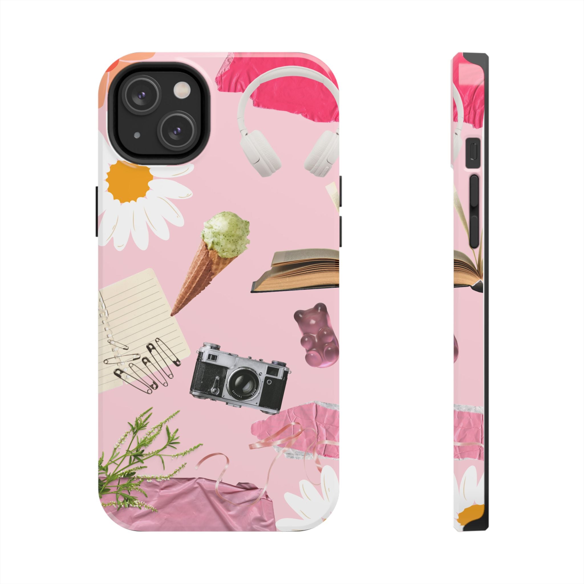 Pastel Collage Tough Phone Case – Cute Floral, Camera & Snacks Pattern
