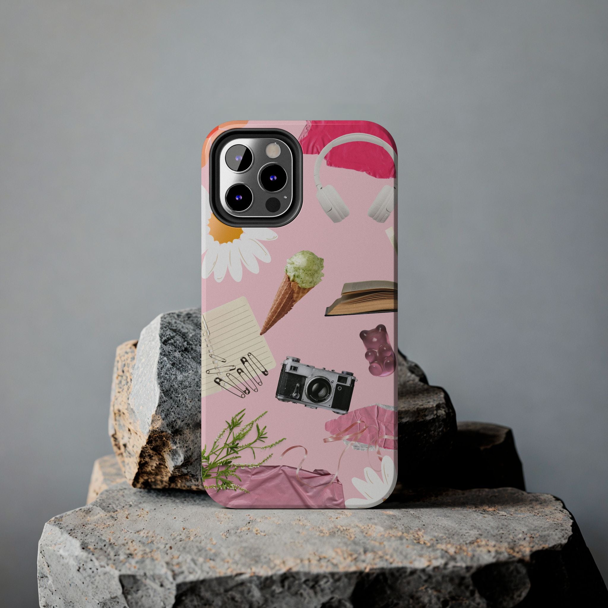 Pastel Collage Tough Phone Case – Cute Floral, Camera & Snacks Pattern