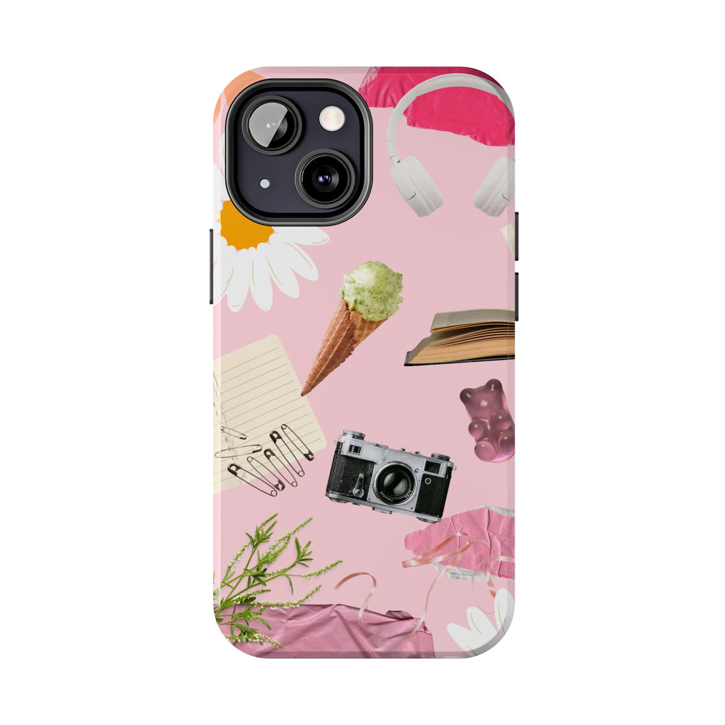 Pastel Collage Tough Phone Case – Cute Floral, Camera & Snacks Pattern