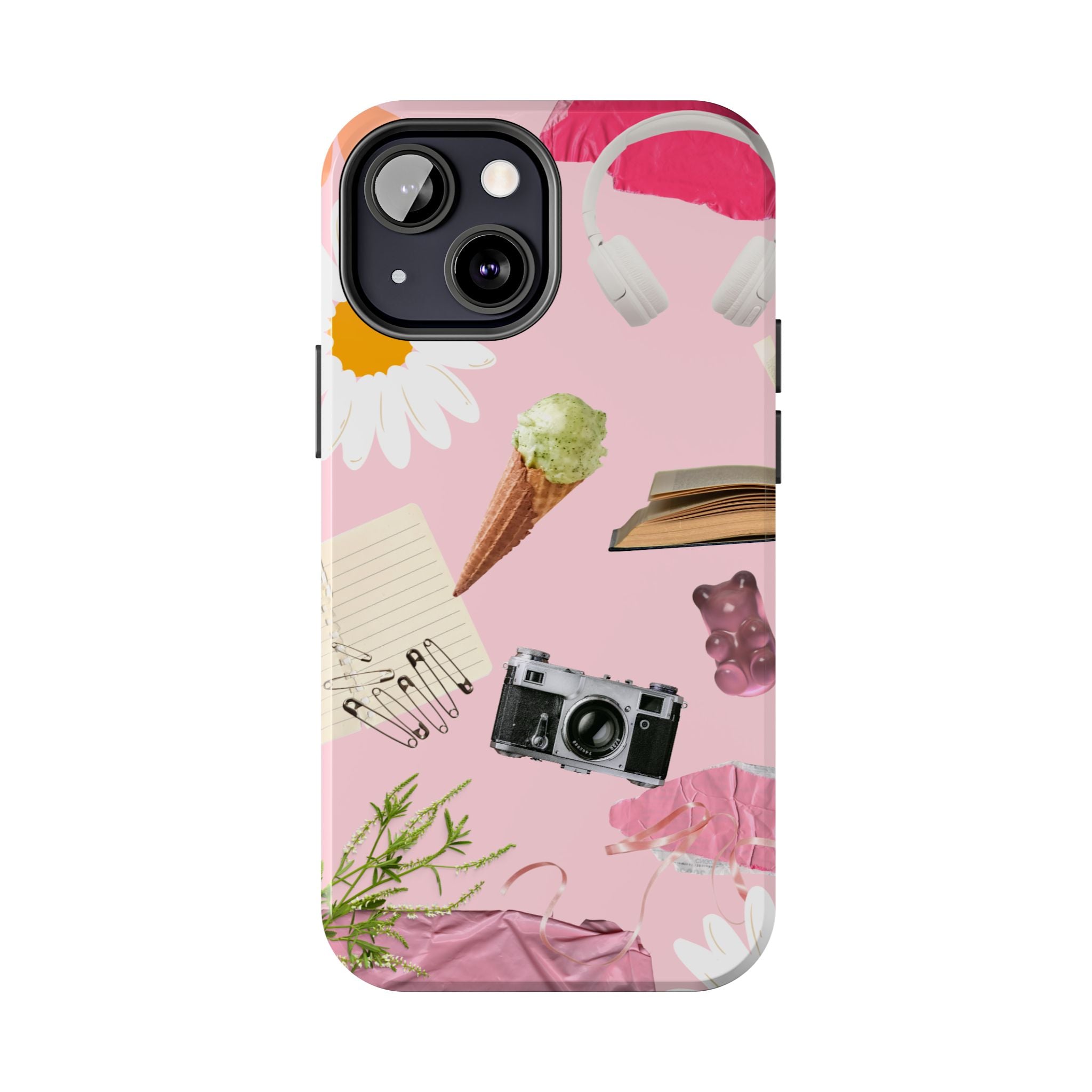 Pastel Collage Tough Phone Case – Cute Floral, Camera & Snacks Pattern