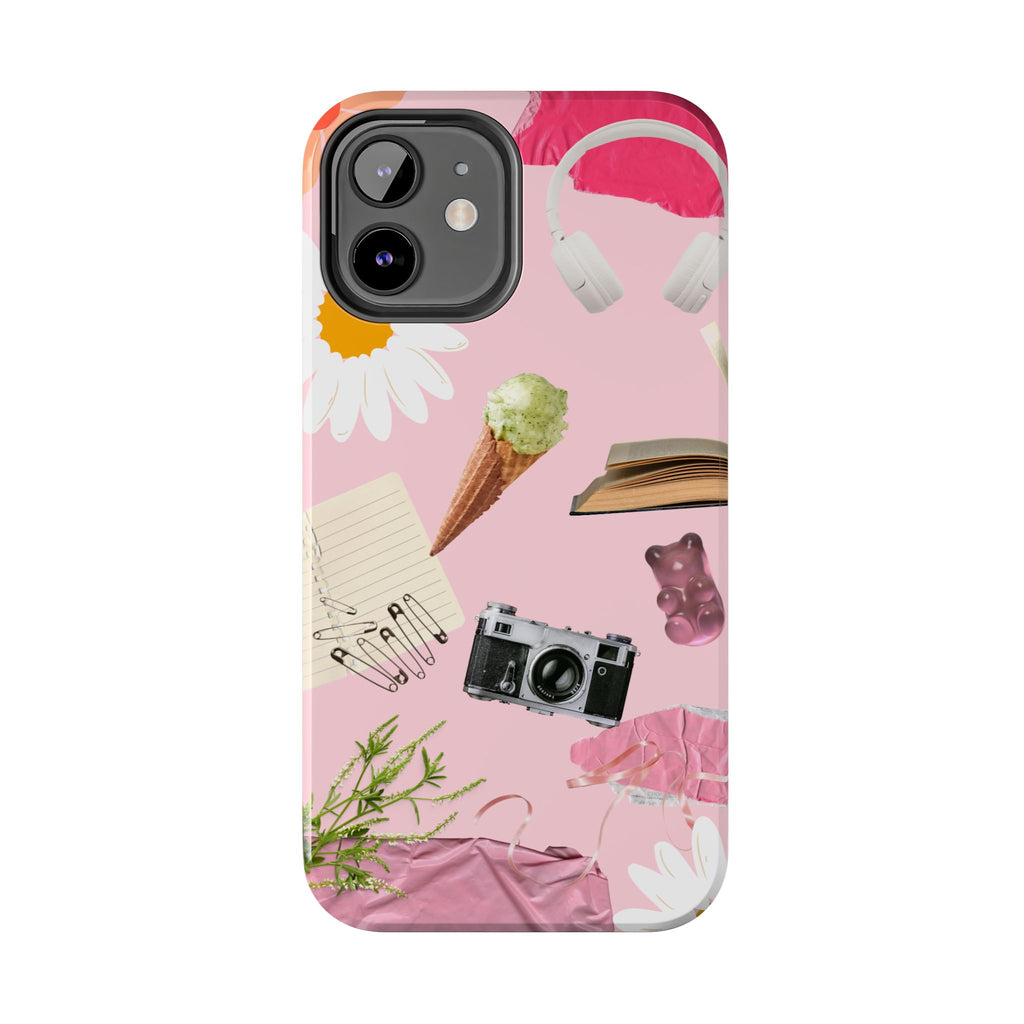 Pastel Collage Tough Phone Case – Cute Floral, Camera & Snacks Pattern