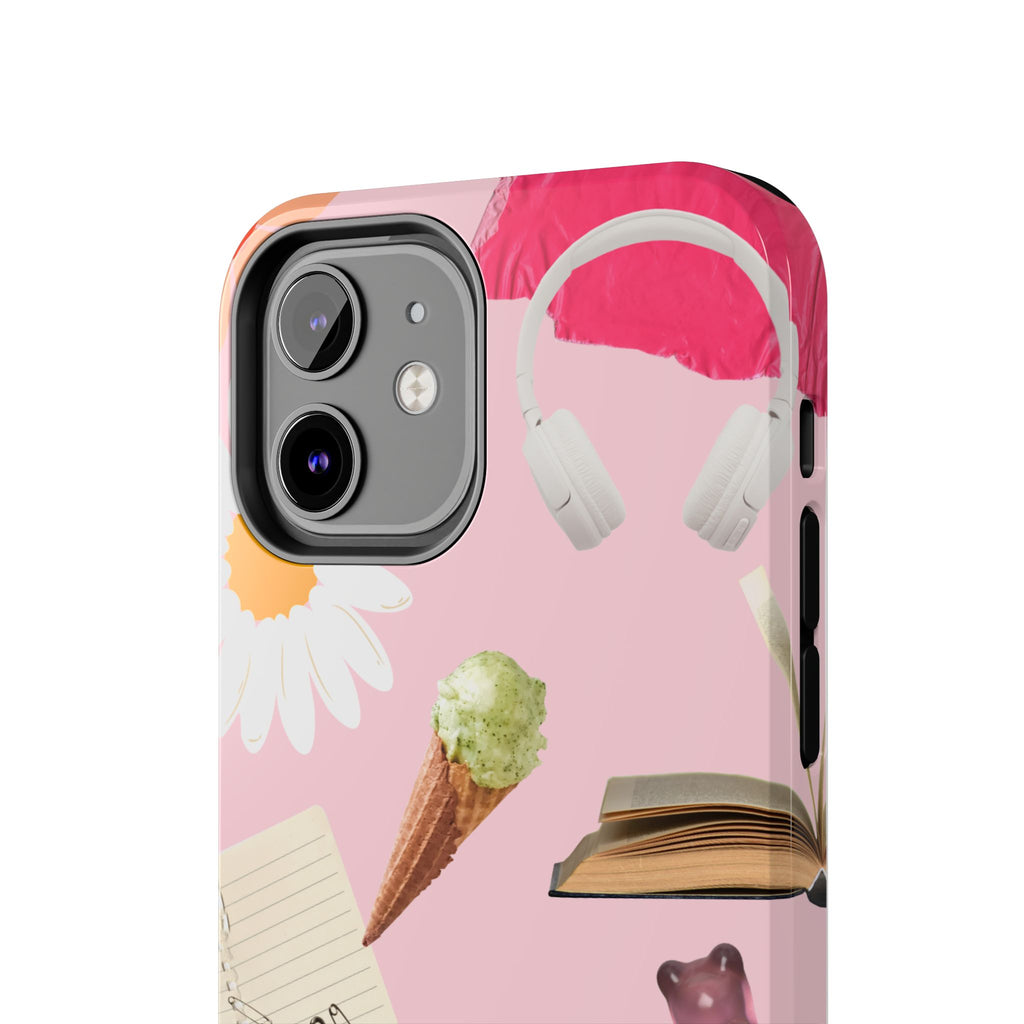 Pastel Collage Tough Phone Case – Cute Floral, Camera & Snacks Pattern