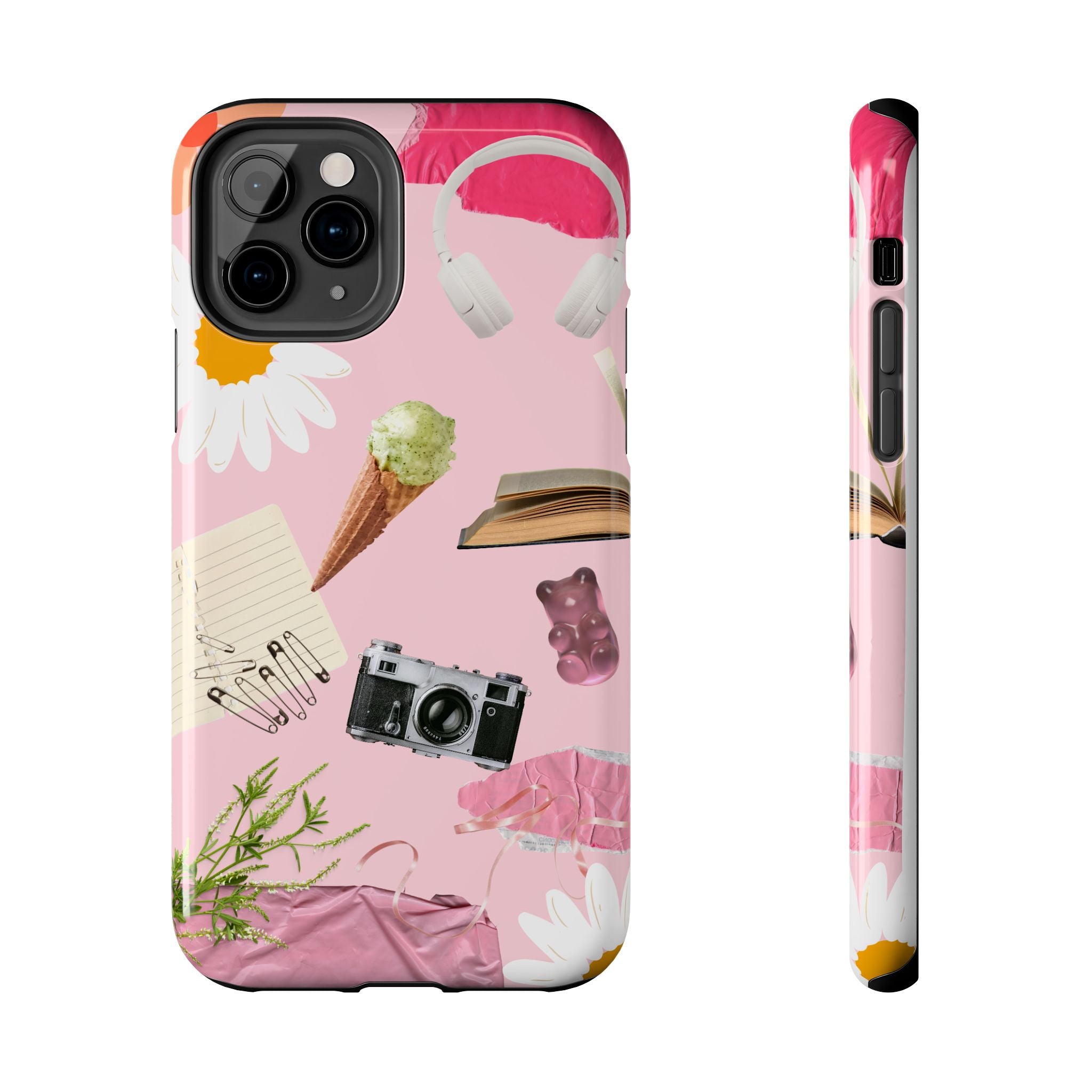 Pastel Collage Tough Phone Case – Cute Floral, Camera & Snacks Pattern