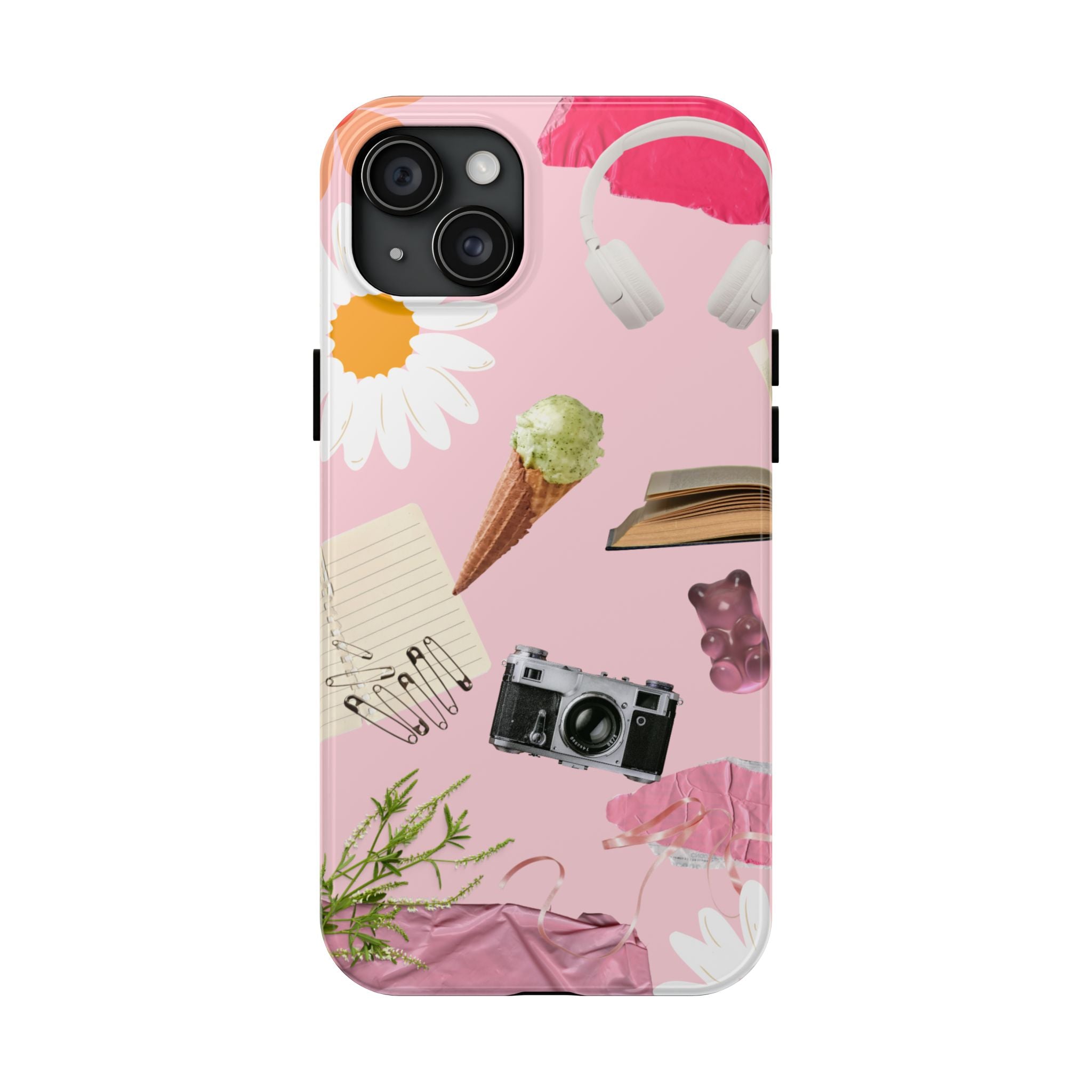 Pastel Collage Tough Phone Case – Cute Floral, Camera & Snacks Pattern