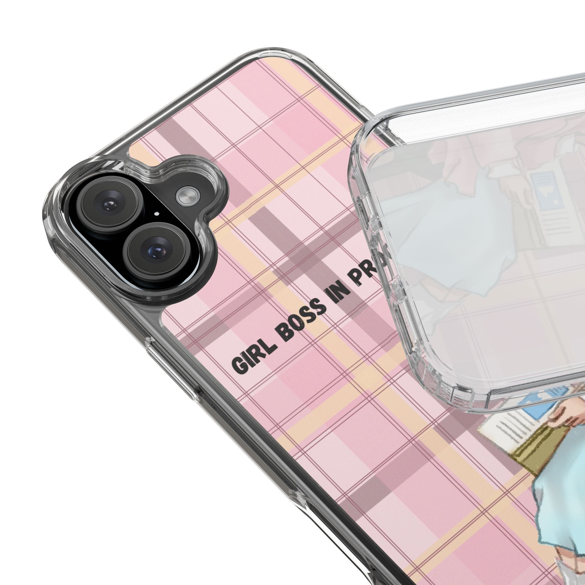 Girl Boss in Progress Clear Phone Case – Pink Plaid Feminine iPhone Cover