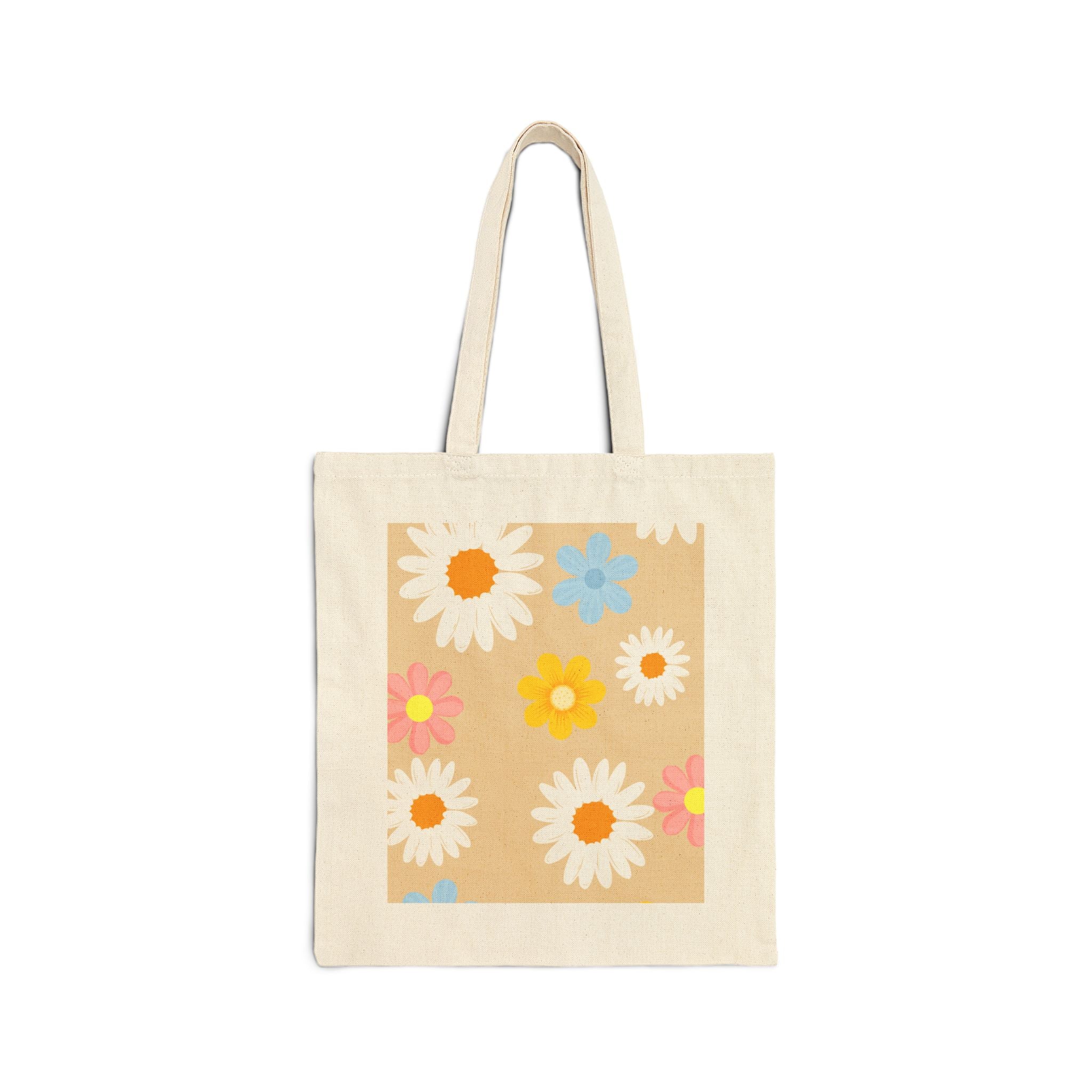 Floral Daisy Canvas Tote Bag — Retro Colorful Flower Market Bag