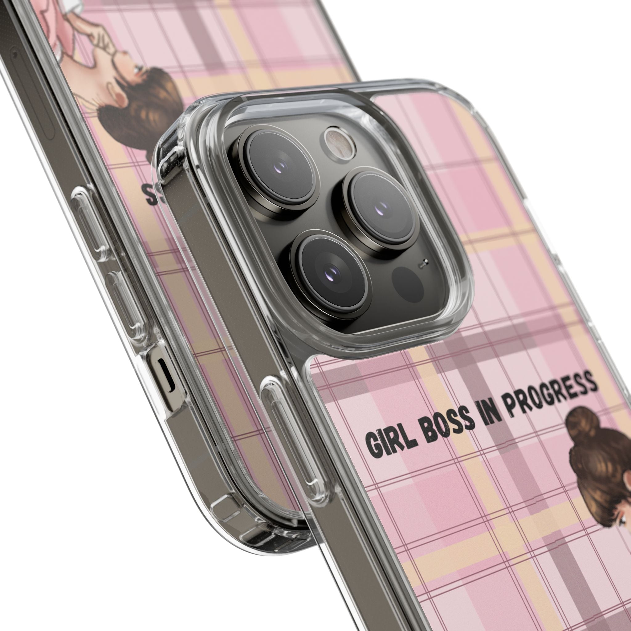 Girl Boss in Progress Clear Phone Case – Pink Plaid Feminine iPhone Cover