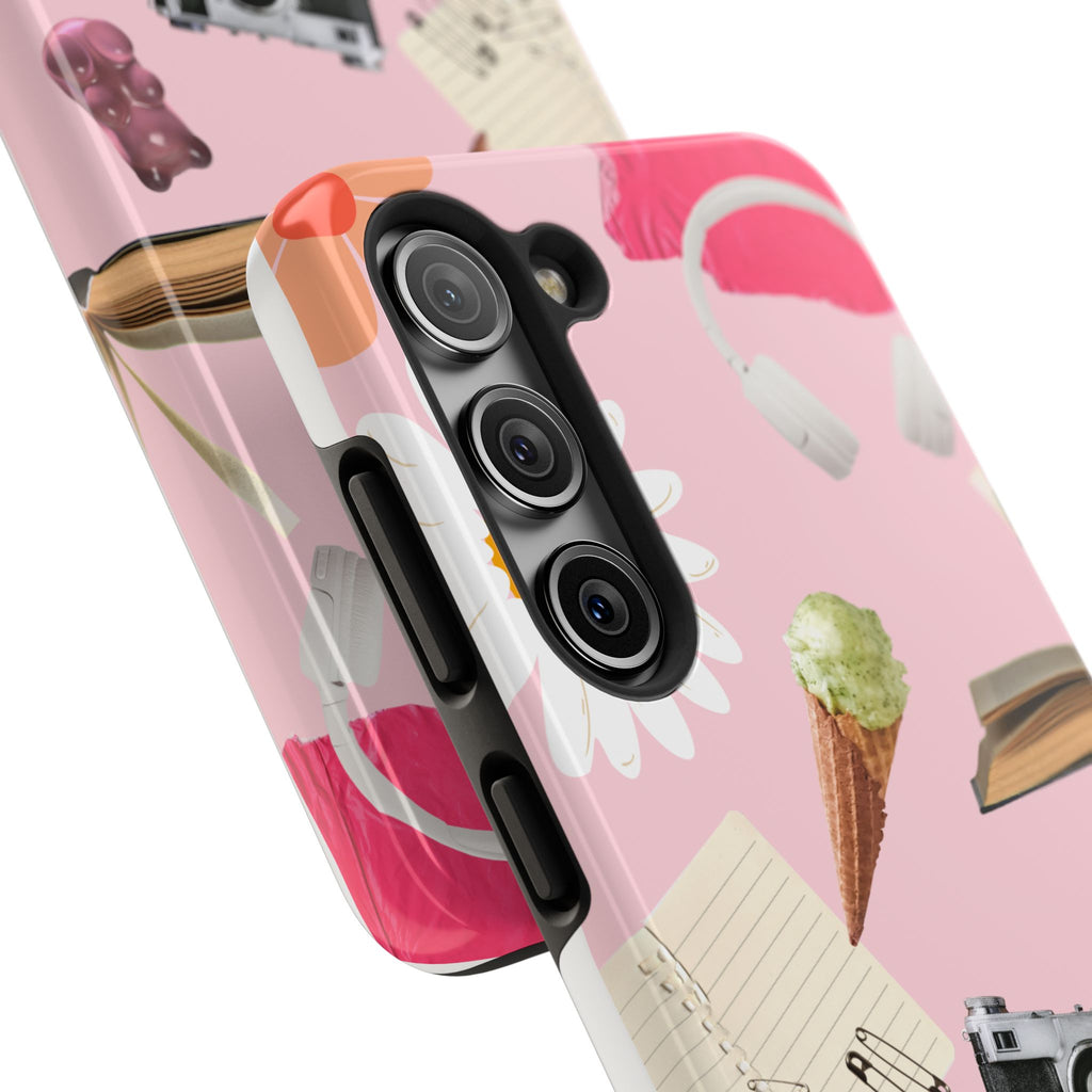 Pastel Collage Tough Phone Case – Cute Floral, Camera & Snacks Pattern