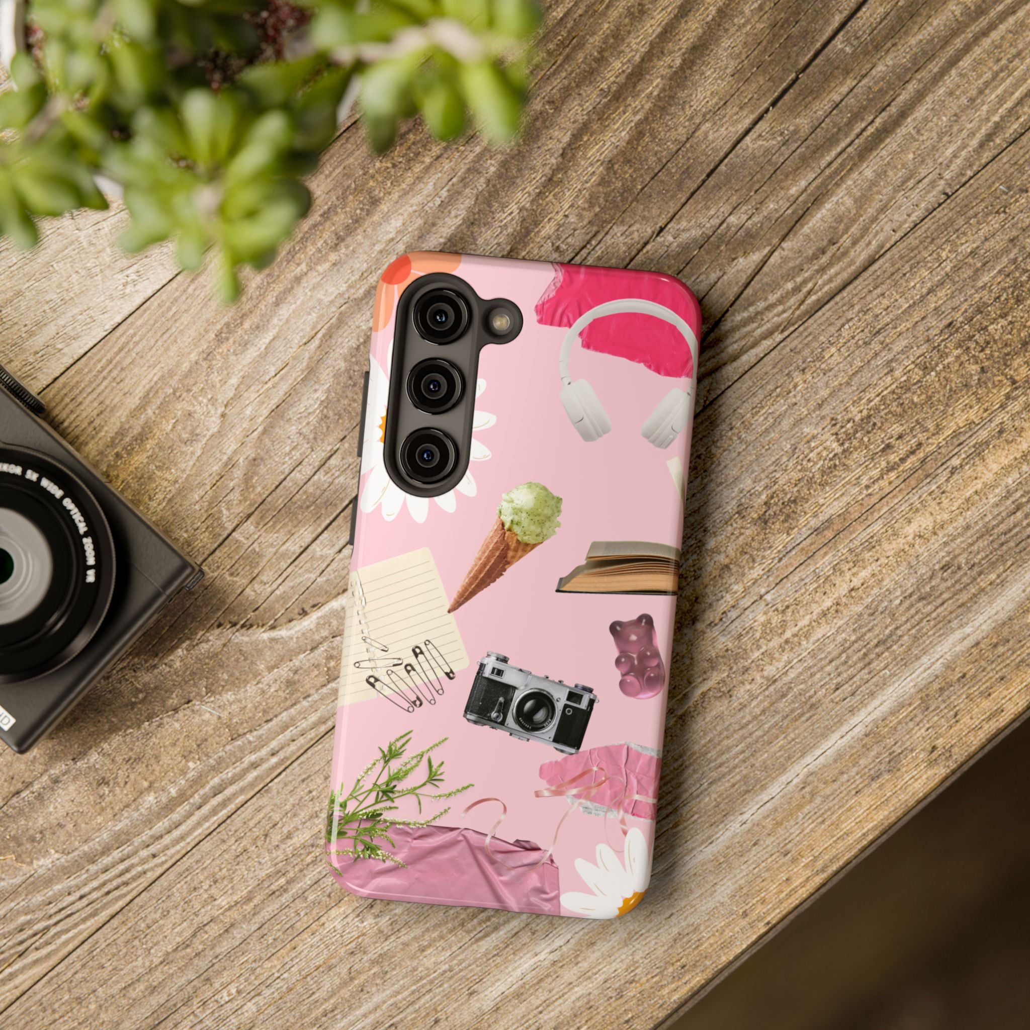 Pastel Collage Tough Phone Case – Cute Floral, Camera & Snacks Pattern