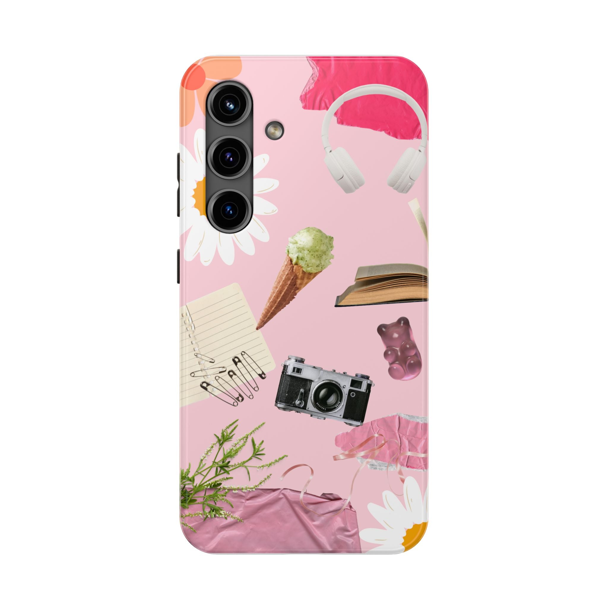 Pastel Collage Tough Phone Case – Cute Floral, Camera & Snacks Pattern