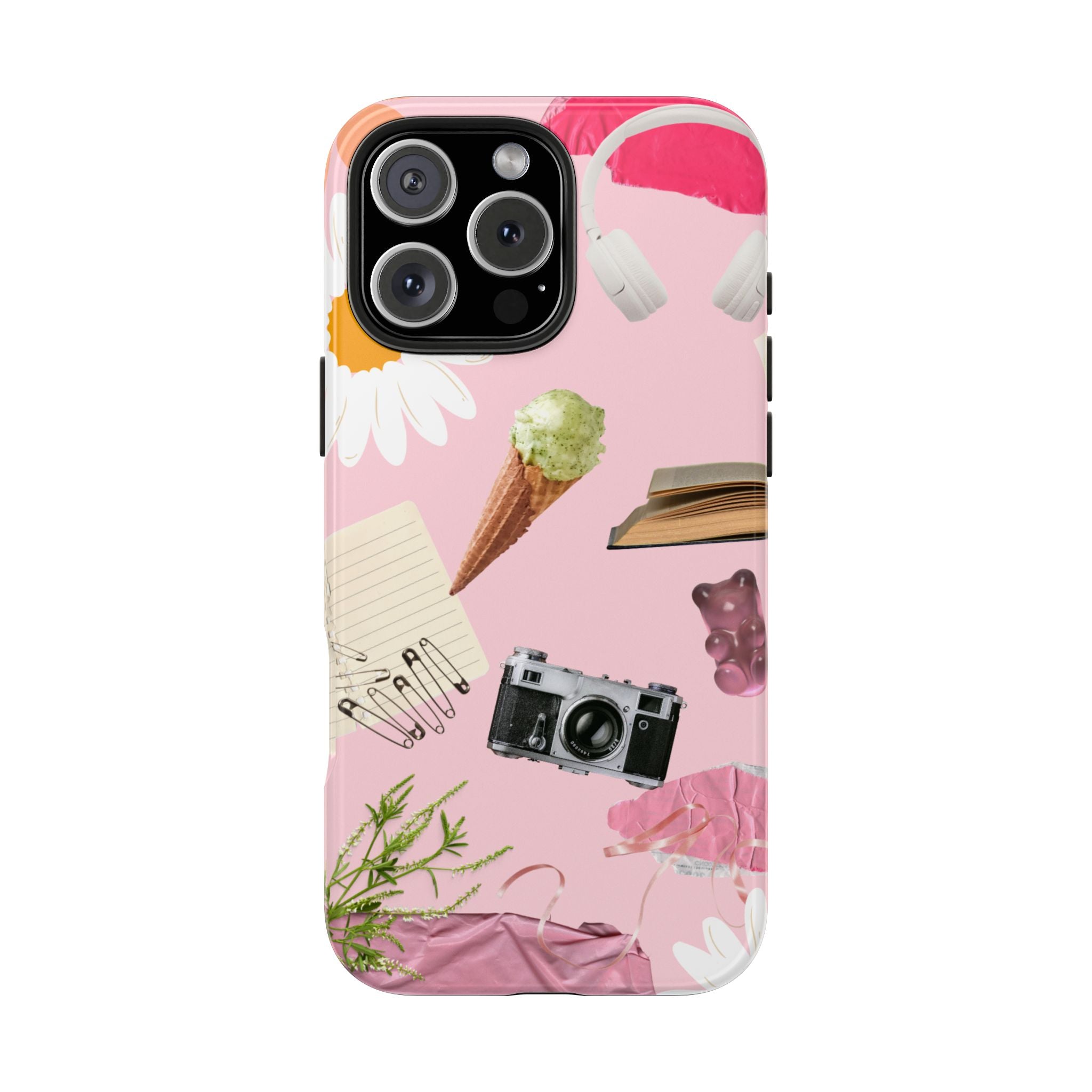 Pastel Collage Tough Phone Case – Cute Floral, Camera & Snacks Pattern