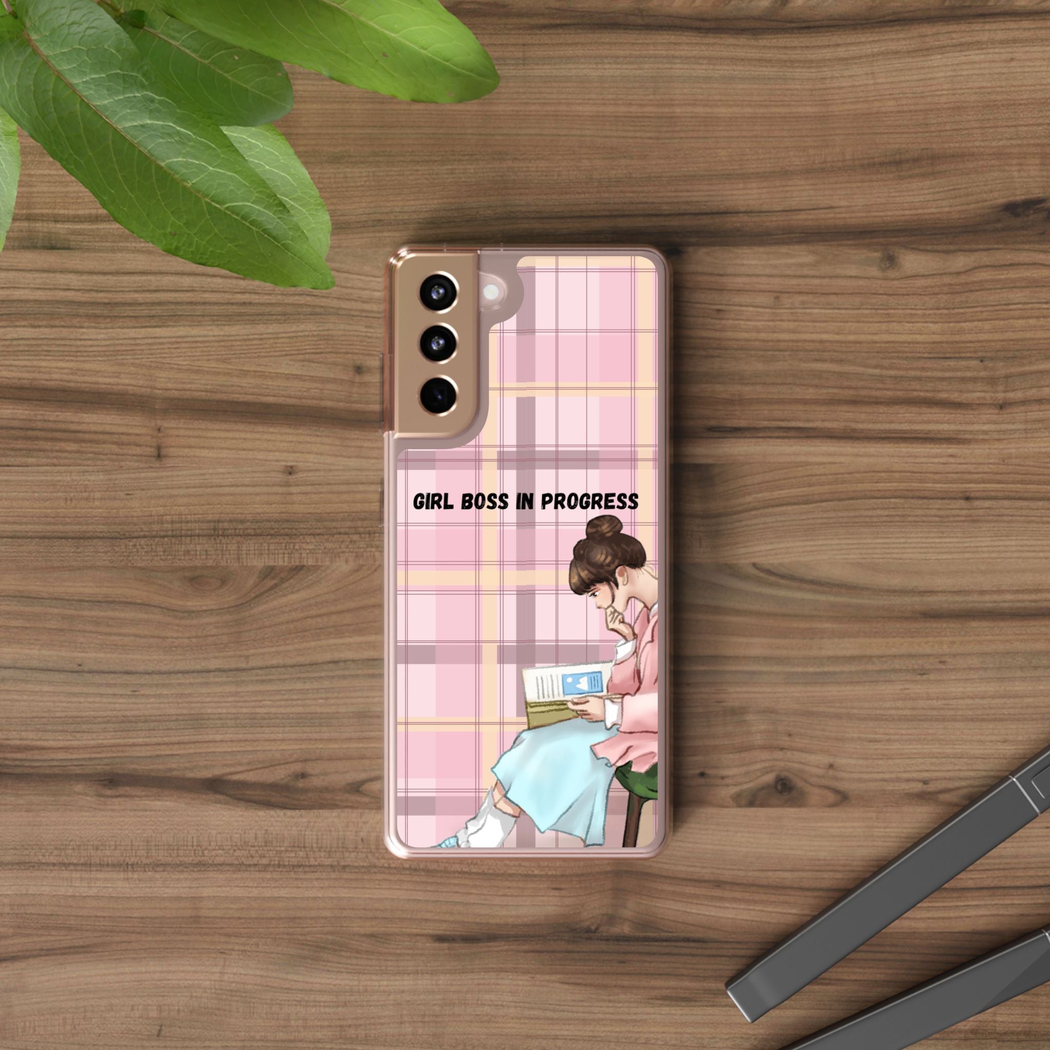 Girl Boss in Progress Clear Phone Case – Pink Plaid Feminine iPhone Cover