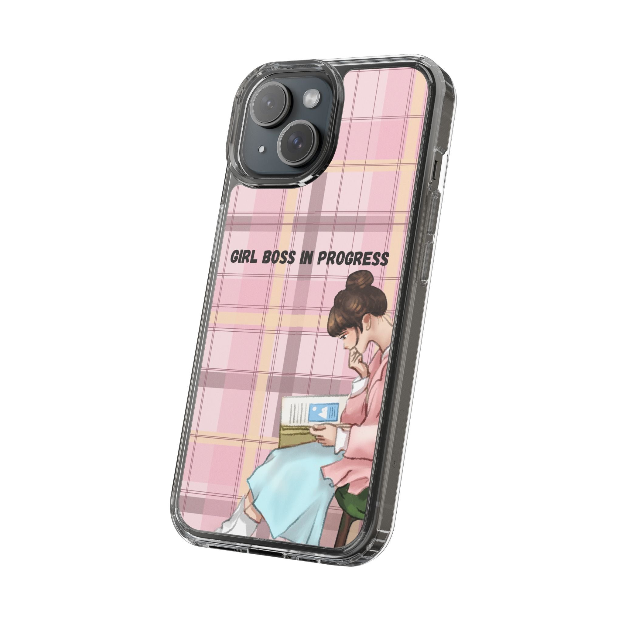 Girl Boss in Progress Clear Phone Case – Pink Plaid Feminine iPhone Cover