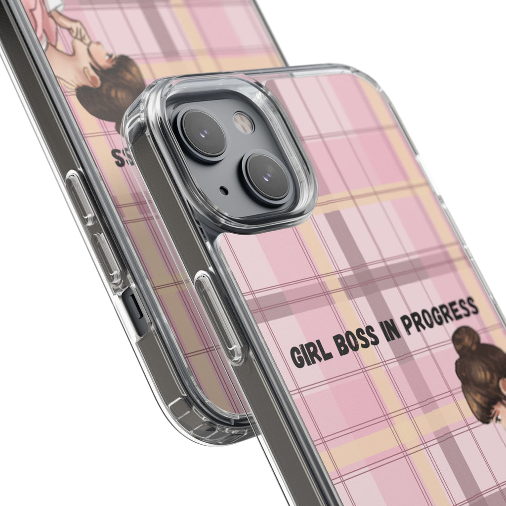 Girl Boss in Progress Clear Phone Case – Pink Plaid Feminine iPhone Cover