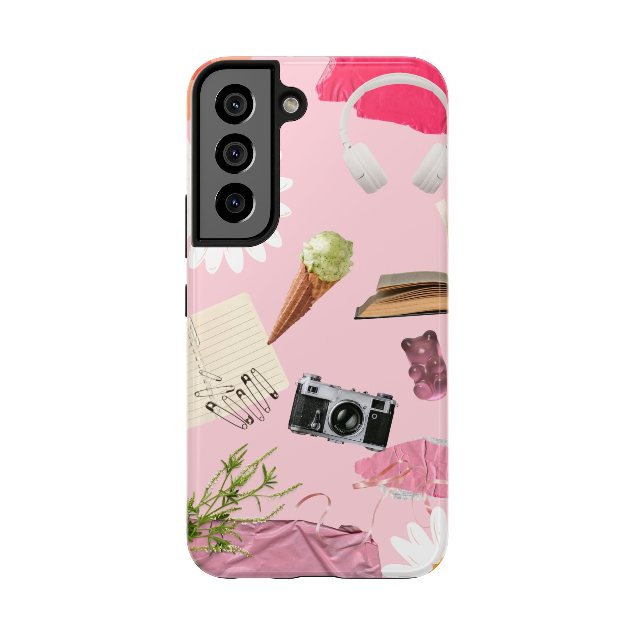 Pastel Collage Tough Phone Case – Cute Floral, Camera & Snacks Pattern