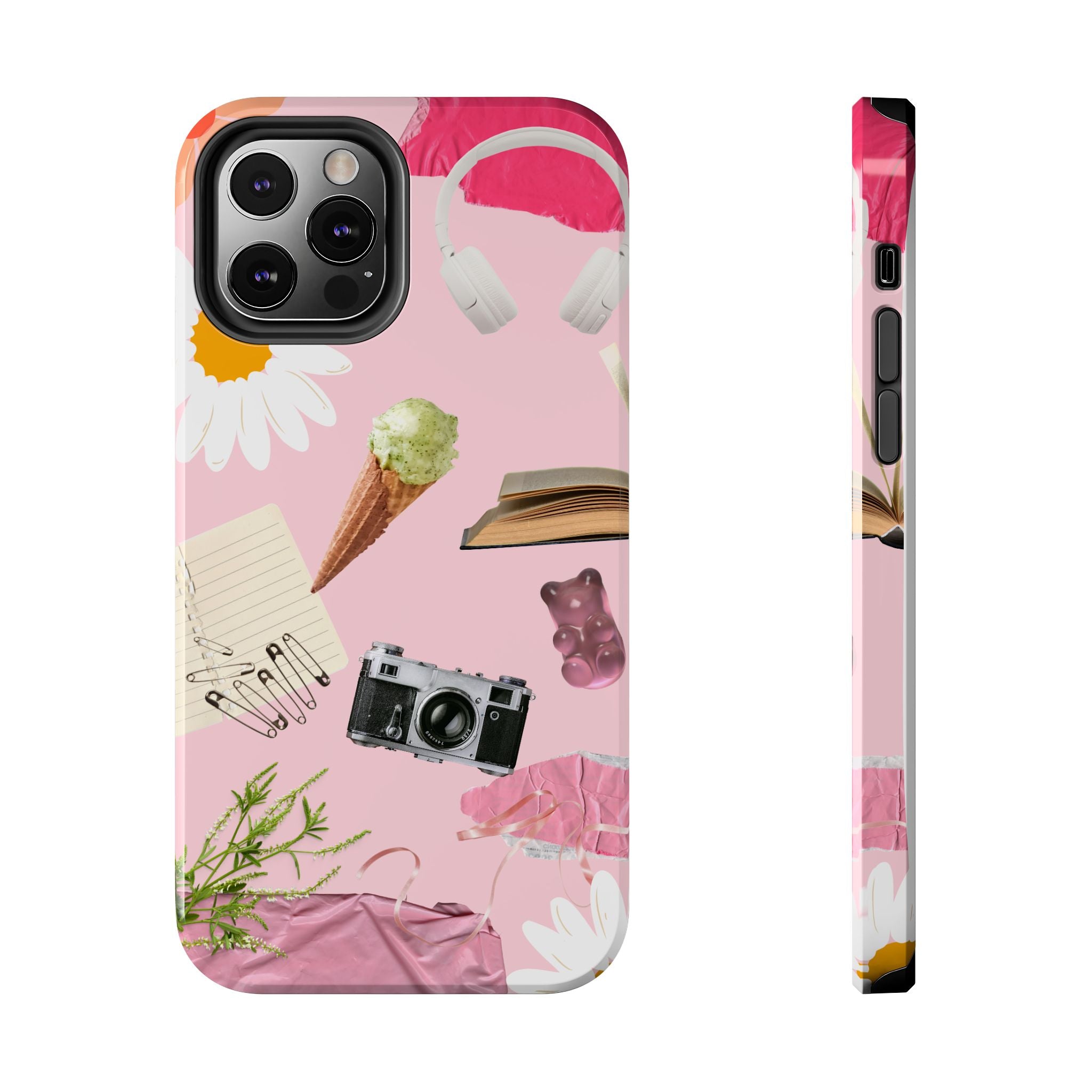 Pastel Collage Tough Phone Case – Cute Floral, Camera & Snacks Pattern