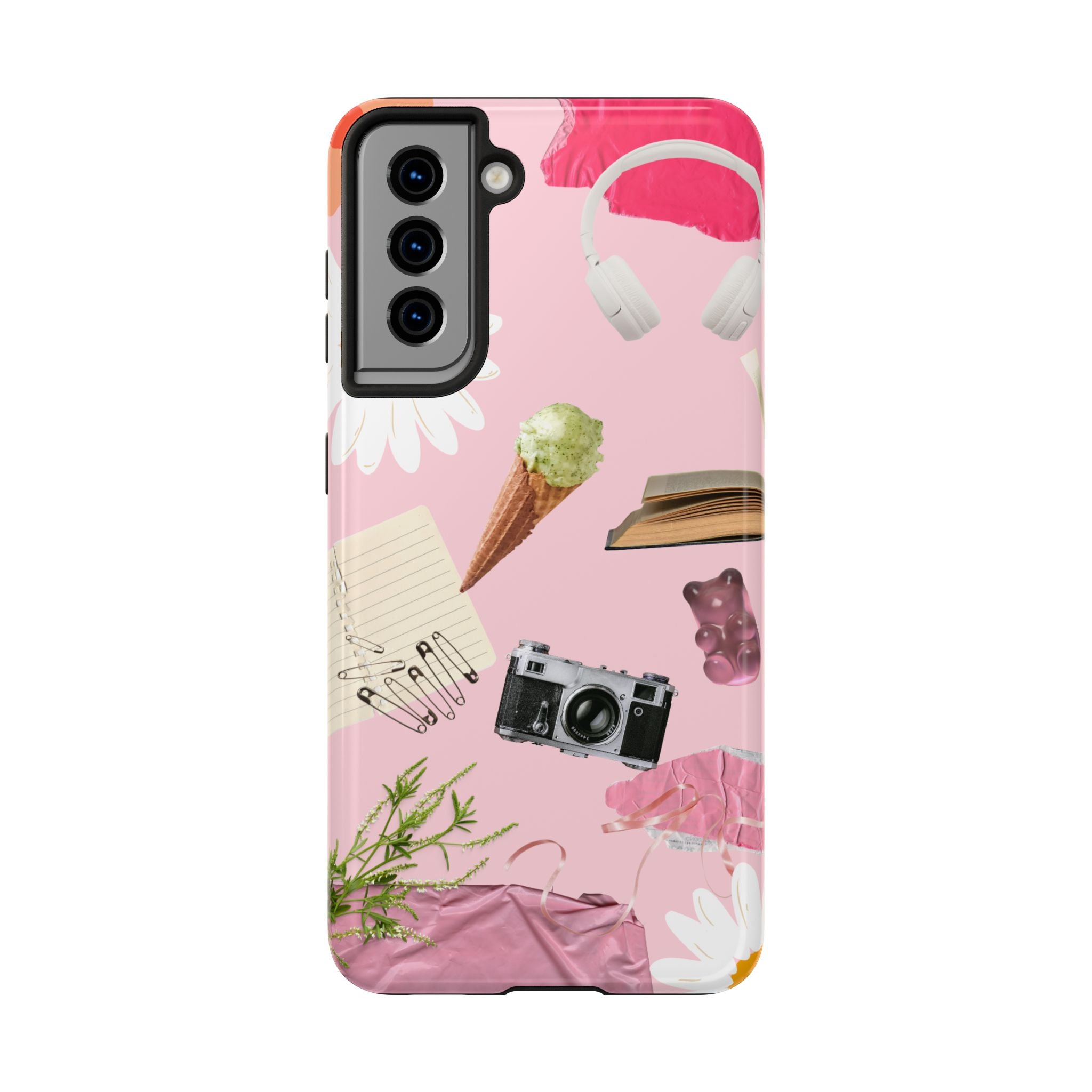 Pastel Collage Tough Phone Case – Cute Floral, Camera & Snacks Pattern