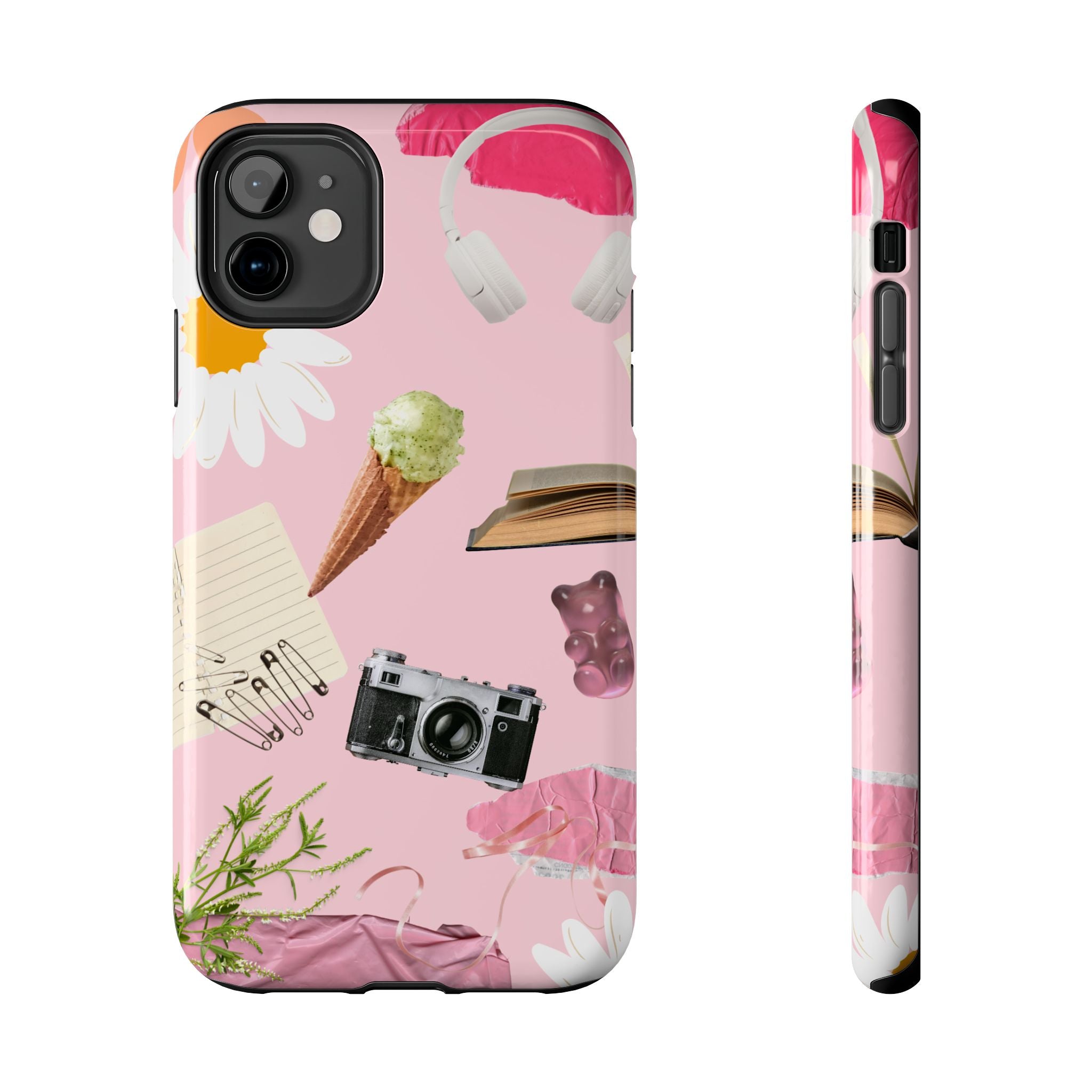 Pastel Collage Tough Phone Case – Cute Floral, Camera & Snacks Pattern