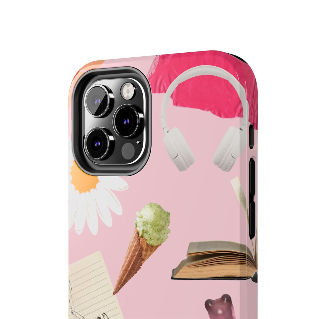 Pastel Collage Tough Phone Case – Cute Floral, Camera & Snacks Pattern