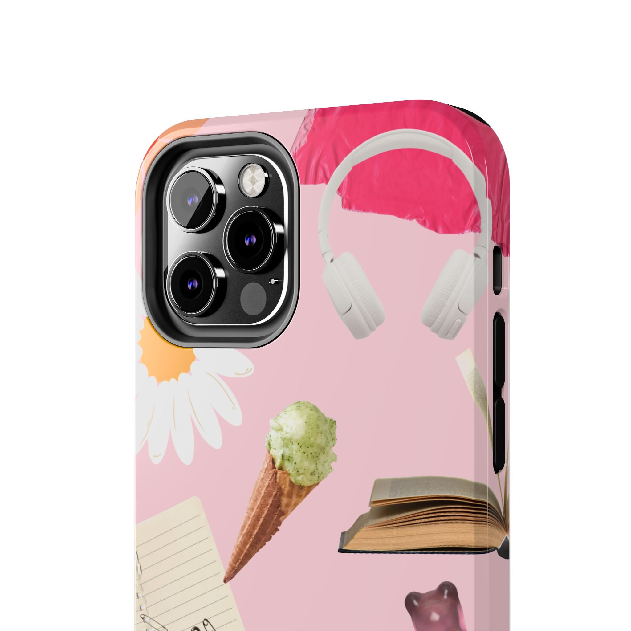 Pastel Collage Tough Phone Case – Cute Floral, Camera & Snacks Pattern