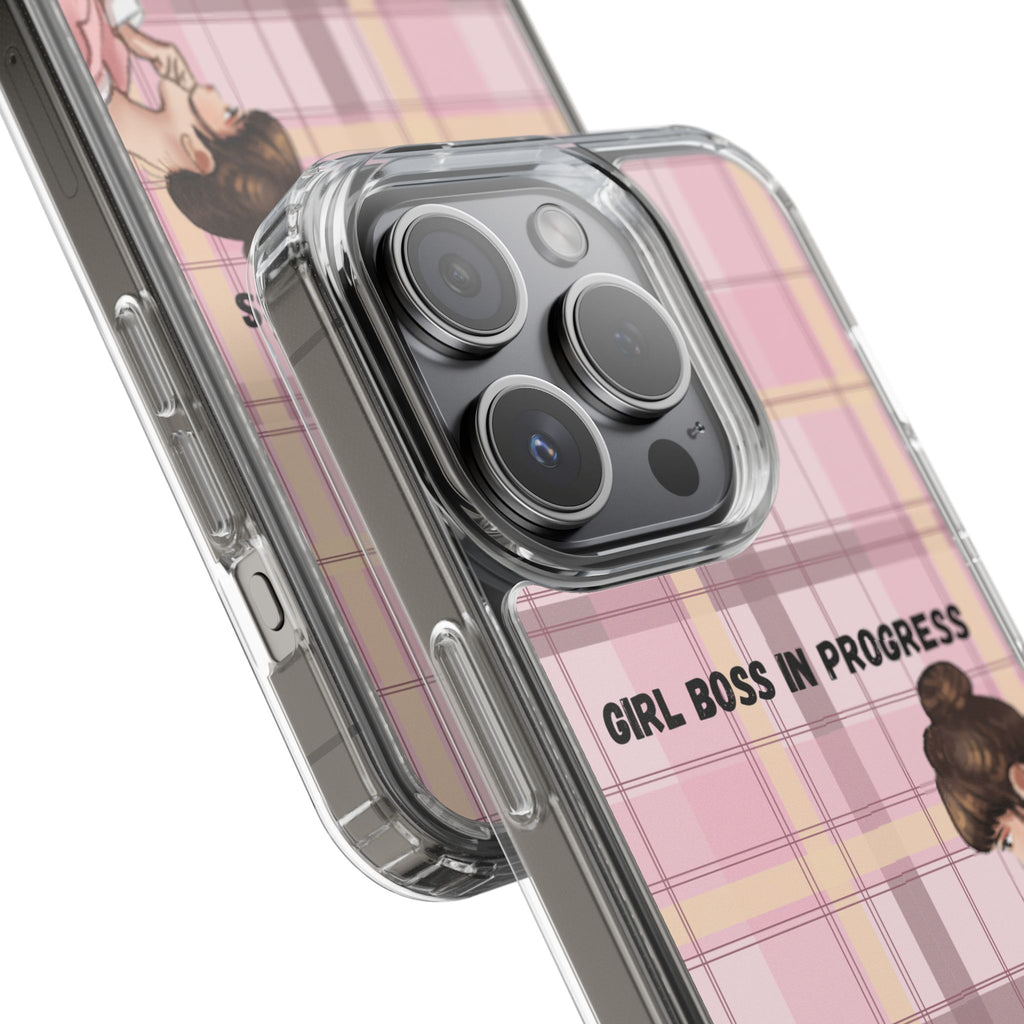 Girl Boss in Progress Clear Phone Case – Pink Plaid Feminine iPhone Cover