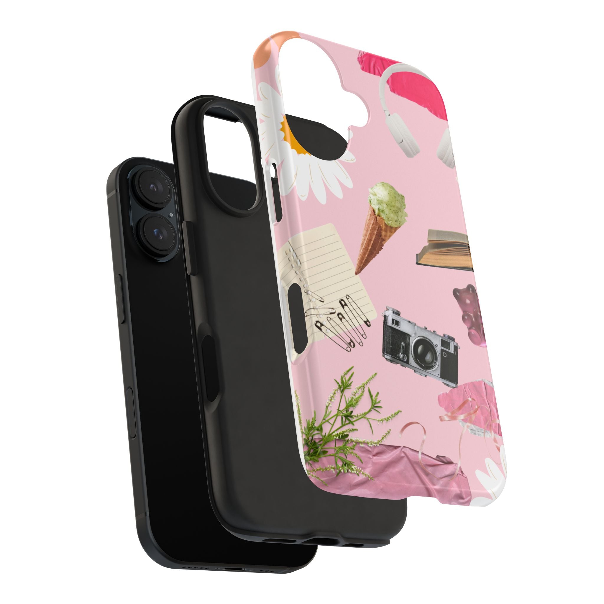 Pastel Collage Tough Phone Case – Cute Floral, Camera & Snacks Pattern